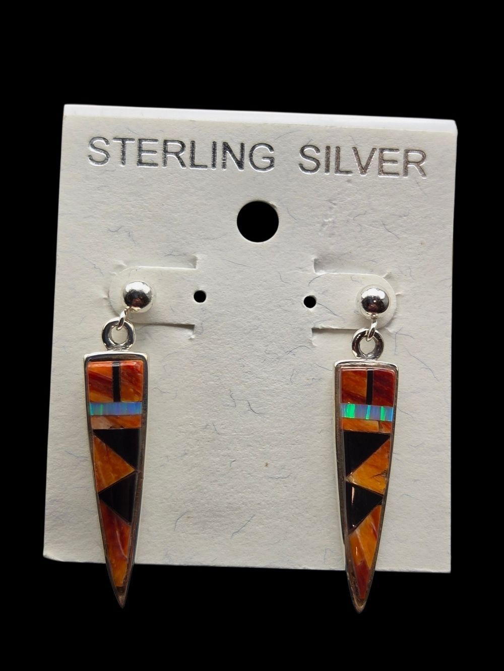 Southwest Sterling Silver Spiny Oyster Onyx Opal Triangle Inlay Earrings